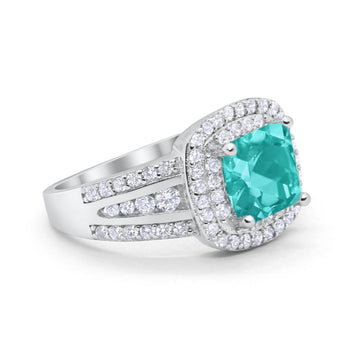Halo Art Deco Wedding Ring Princess Cut Round Simulated Paraiba Tourmaline CZ 925 Sterling Silver